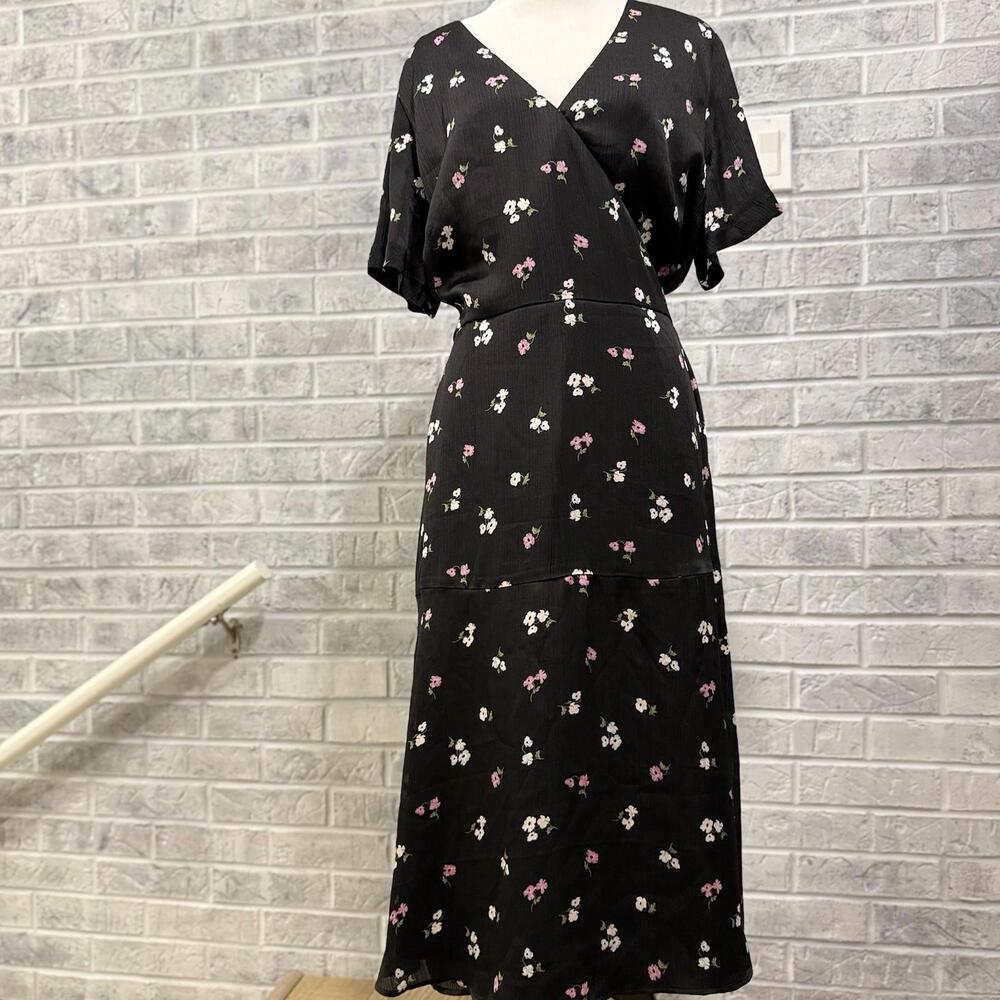 Ann Taylor Dress Sz 16‎ Black Floral Pattern Wrap Midi Wedding Cocktail New